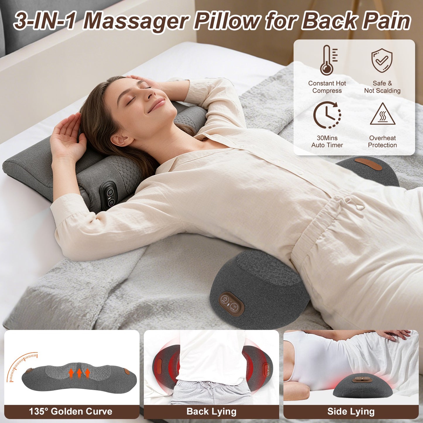 3-in-1 Lumbar Massage Pillow – Vibration, Heat & Airbag Stretching for Back Pain Relief